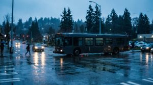 Autobús de transporte público detenido en una intersección lluviosa del noroeste de Washington al anochecer