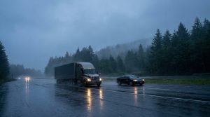 Camión comercial y un auto sedán en una autopista lluviosa del noroeste de Washington al anochecer