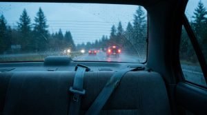 Vista desde el asiento trasero de un carro con el cinturón abrochado y un parabrisas lluvioso en una carretera de Washington