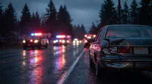 Carro con daños en una carretera lluviosa de Washington de noche con luces de emergencia de la policía al fondo