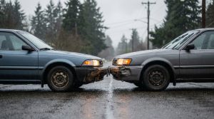 Dos autos abollados frente a frente tras un choque en una calle lluviosa de Washington, accidente con conductor sin seguro