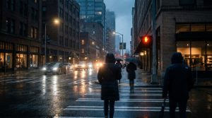 Cruce peatonal en una calle lluviosa del centro de Seattle al anochecer, con peatones y semáforo en rojo