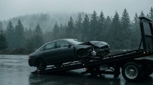 Carro con el frente destrozado sobre una grúa de plataforma en un día lluvioso de Washington, vehículo declarado pérdida total
