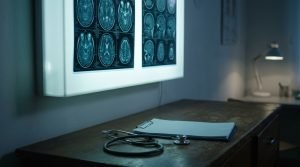 Radiografías de resonancia cerebral en un negatoscopio de una clínica, lesión cerebral tras un accidente de auto