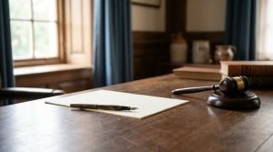 Documento legal en blanco con pluma fuente y un mazo de madera sobre un escritorio, honorarios de contingencia de abogado
