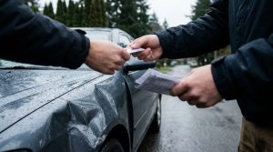 Dos personas intercambian una licencia y documentos junto a un carro abollado en una calle lluviosa de Washington