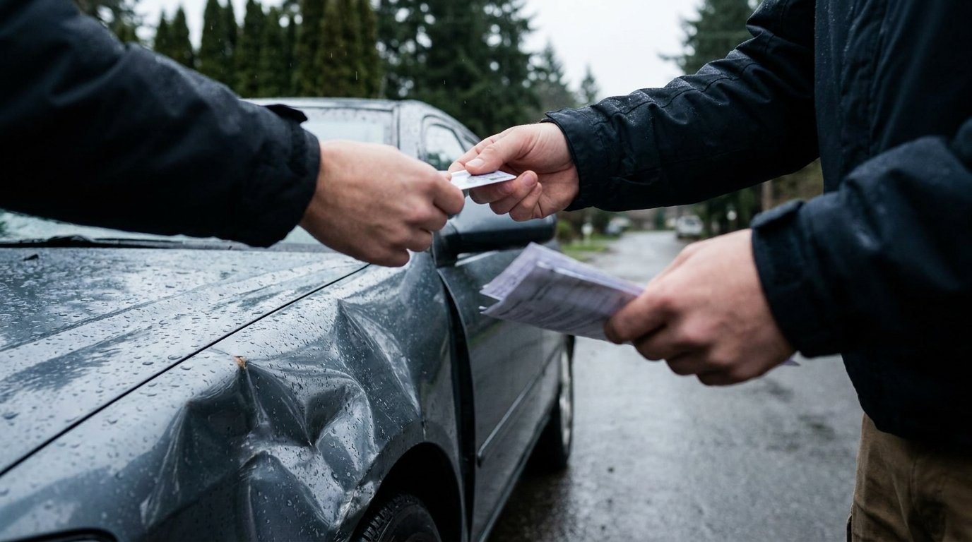 Dos personas intercambian una licencia y documentos junto a un carro abollado en una calle lluviosa de Washington
